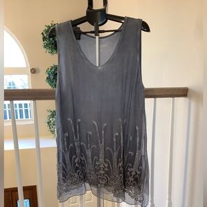 Soft Surroundings Charcoal Gray Embroidered V-Neck Sleeveless Top